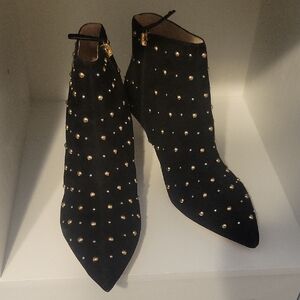 Kate Spade Black Suede Side Zip Kitten Heel Booties with Gold&Silver beads Sz7.5